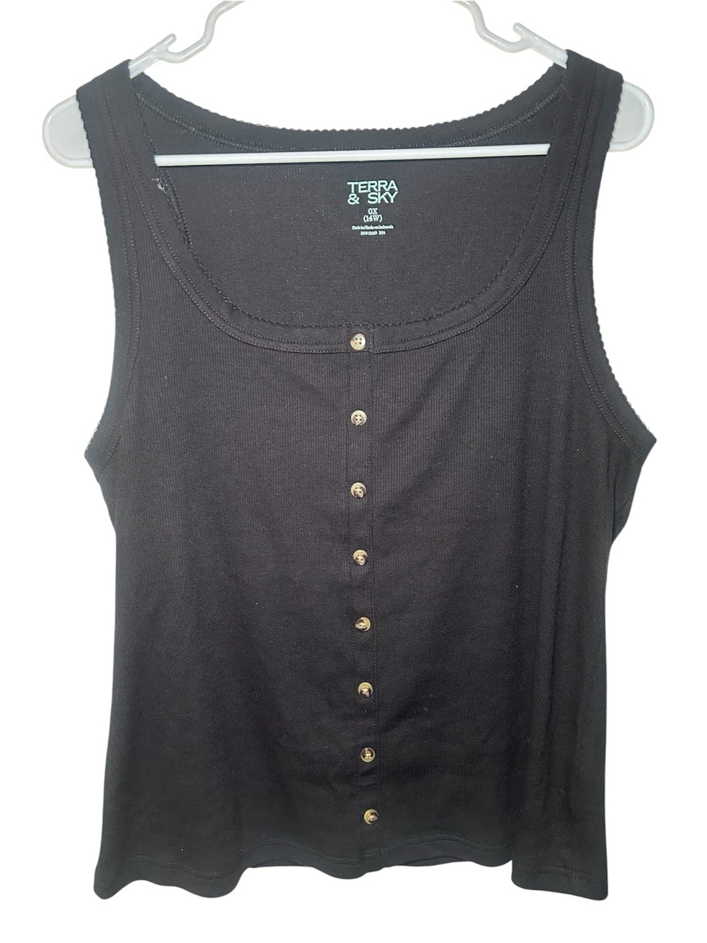 Terra & Sky Black Button-Front Tank Top Ribbed Lace Trim Casual Light 0X Plus Si